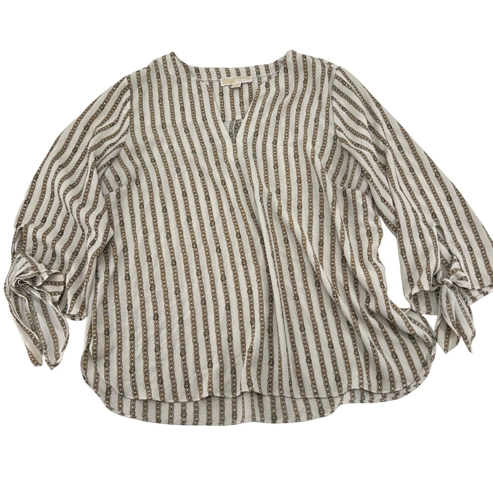 MICHAEL KORS Women's XL Chain‎ Print V Neck Blouse Top Bell Sleeve Tie Cuff